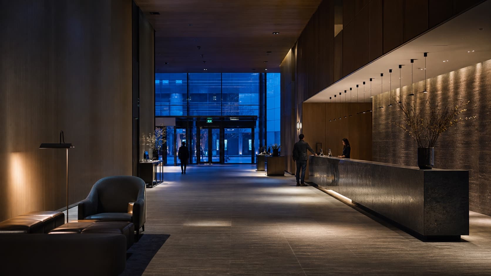 A hotel lobby in the evening